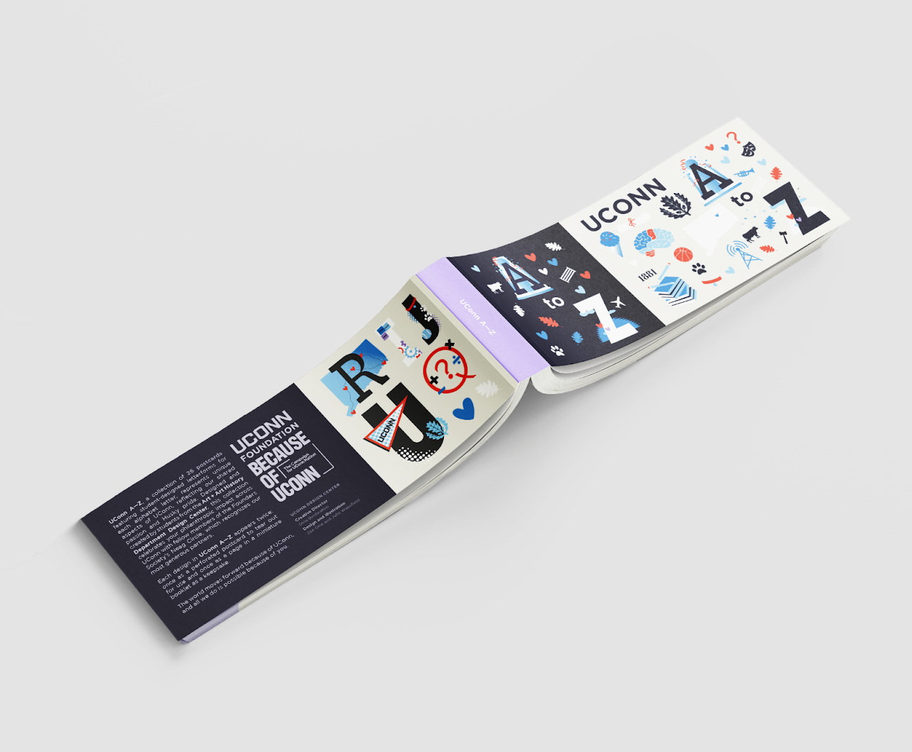 Mockup of the font and back covers of the postcard book. Showcases select letters on the front and information about the UConn Foundation on the back.